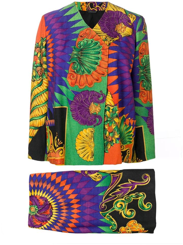 Versace Vintage 1990's Printed Skirt Suit - Green