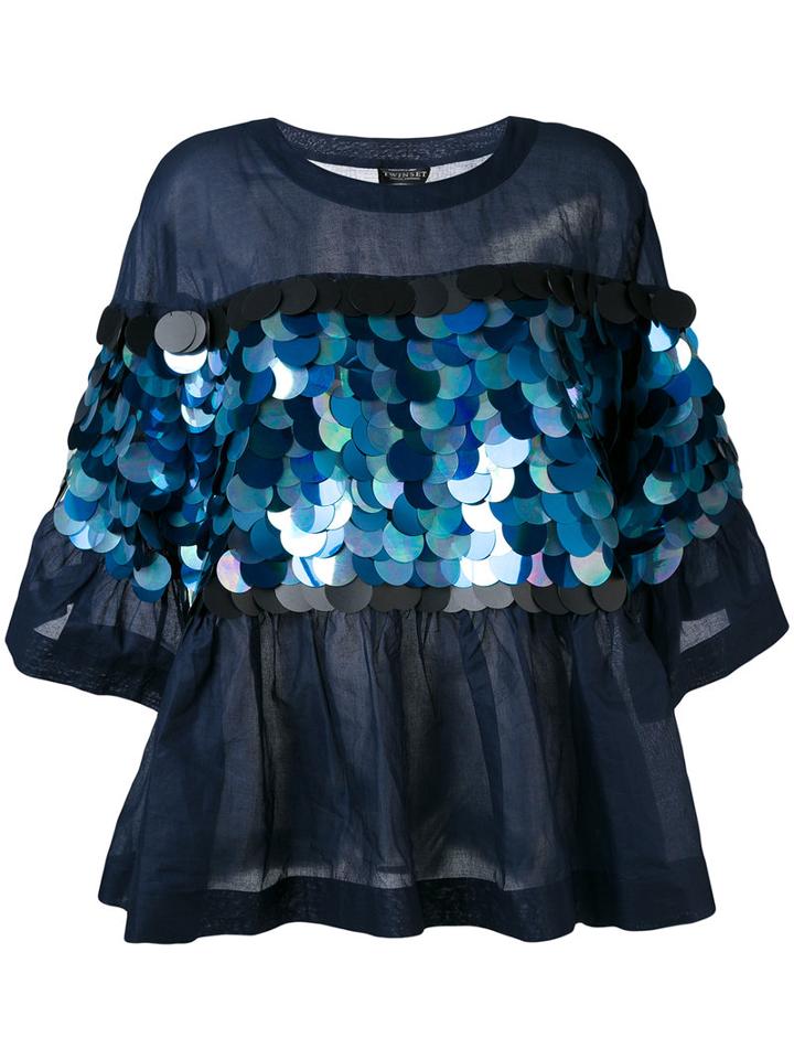 Twin-set - Oversized Sequin Embellished Blouse - Women - Cotton - 40, Blue, Cotton