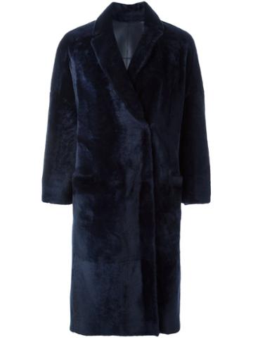 Brunello Cucinelli Double Breasted Fur Coat, Women's, Size: 42, Blue, Acetate/silk/sheep Skin/shearling/brass