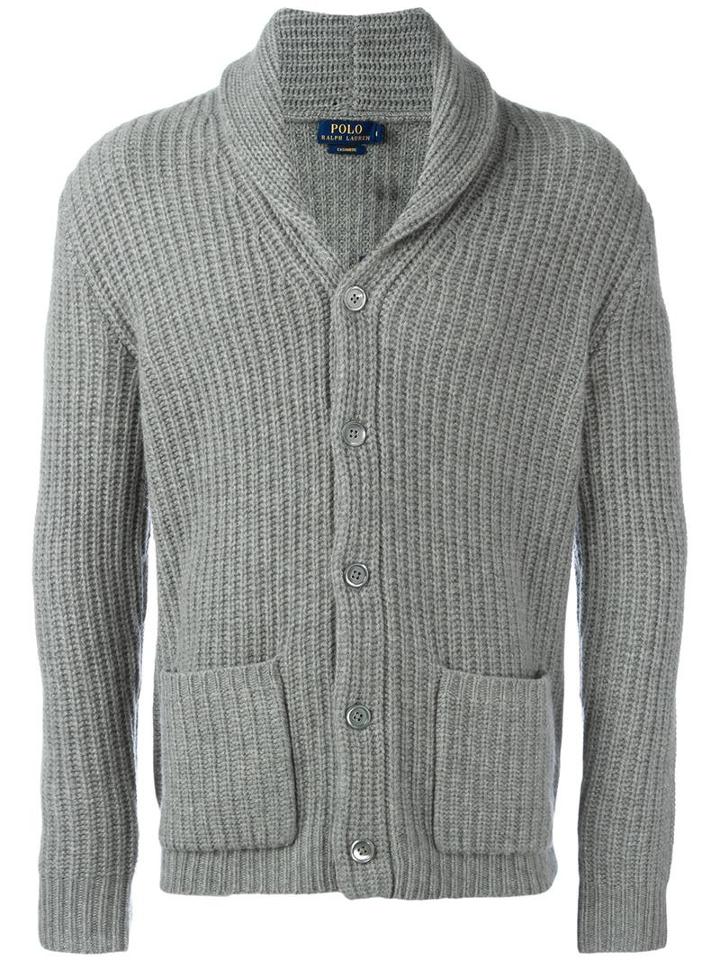 Polo Ralph Lauren Front Pockets Ribbed Detail Cardigan, Men's, Size: Xl, Grey, Cashmere