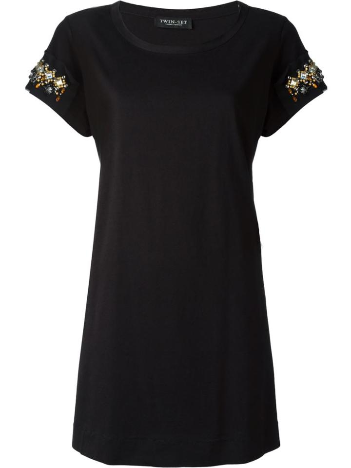 Twin-set Embellished Sleeve T-shirt, Women's, Size: Xs, Black, Cotton/polyester/crystal
