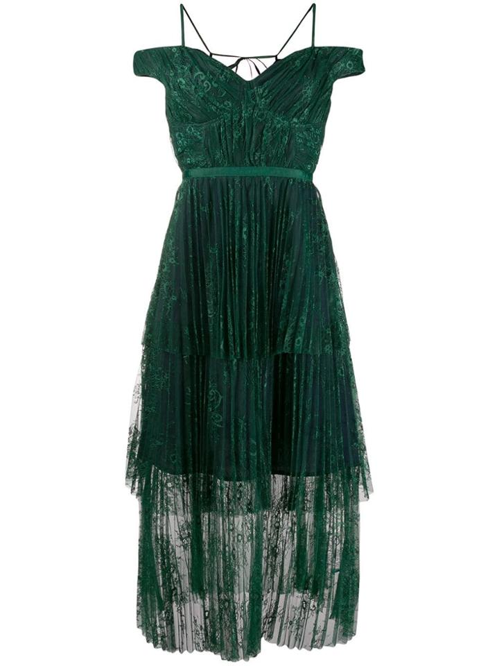 Self-portrait Pleated Lace Midi Dress - Green