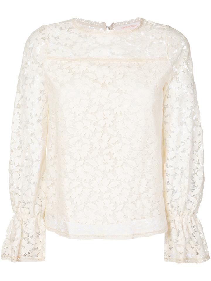 See By Chloé Floral Lace Flared Cuff Top - Nude & Neutrals