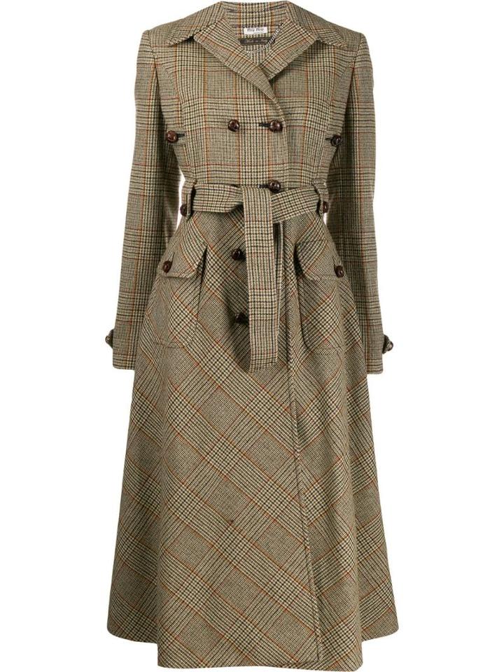 Miu Miu Check Tie-waist Coat - Green