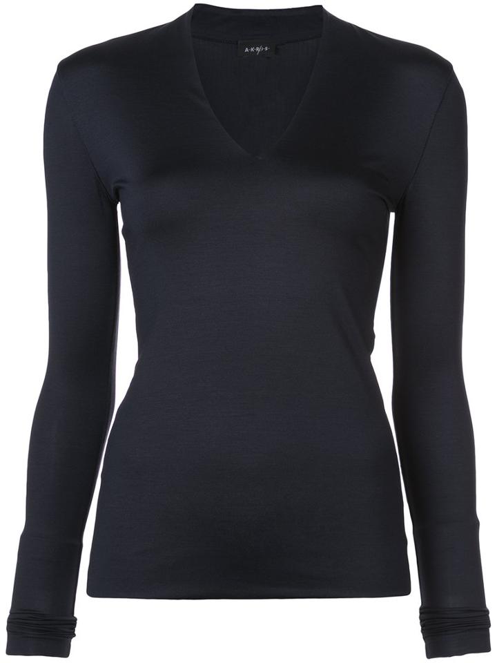 Akris - Skinny V Neck Top - Women - Silk/spandex/elastane - 16, Blue, Silk/spandex/elastane