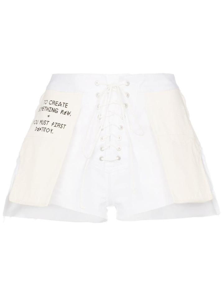 Unravel Project Slogan Distressed Denim Shorts - White