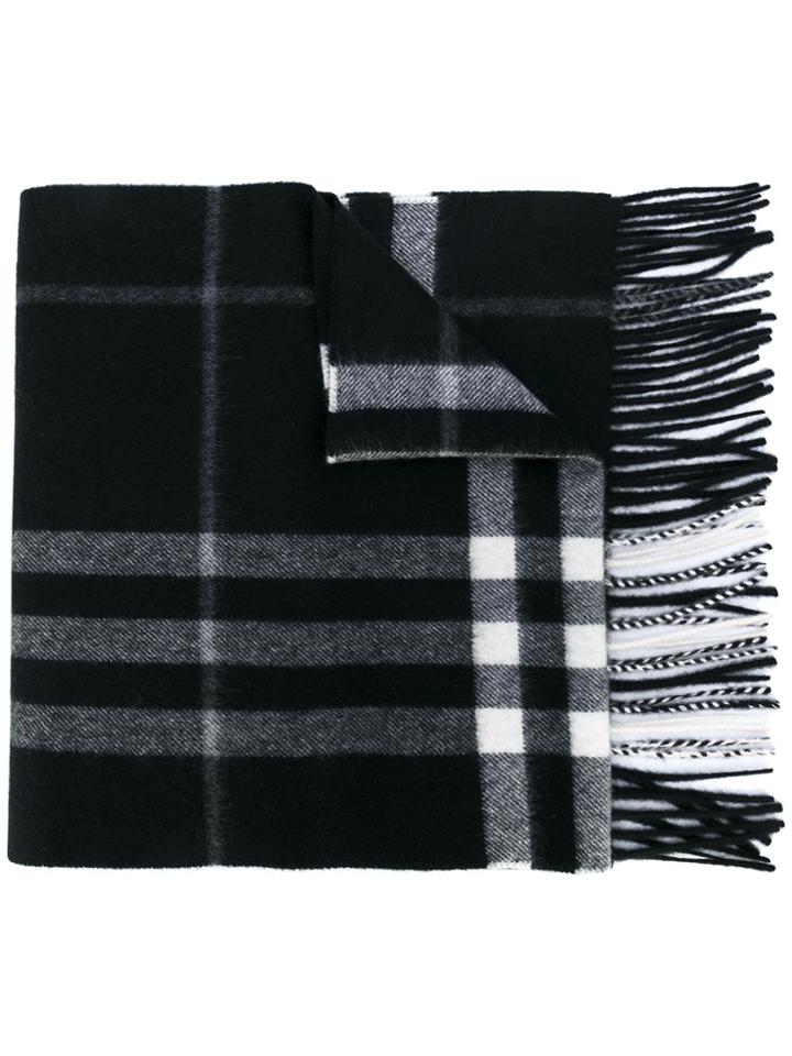 Burberry Fringed Checked Scarf - Black