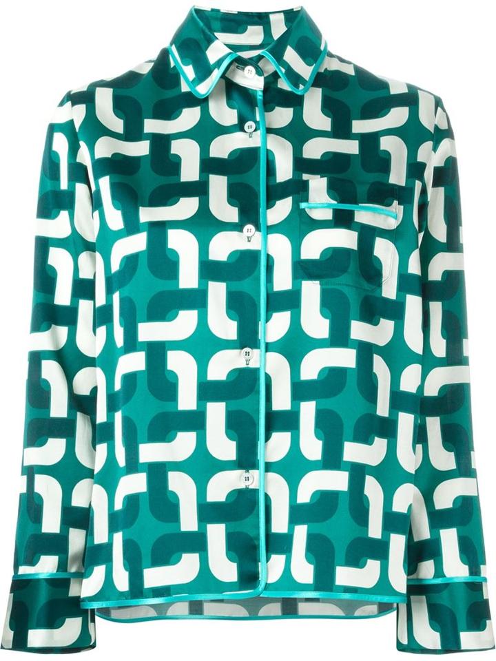For Restless Sleepers Geometric Print Pyjama Shirt, Women's, Size: S, Green, Silk/cotton