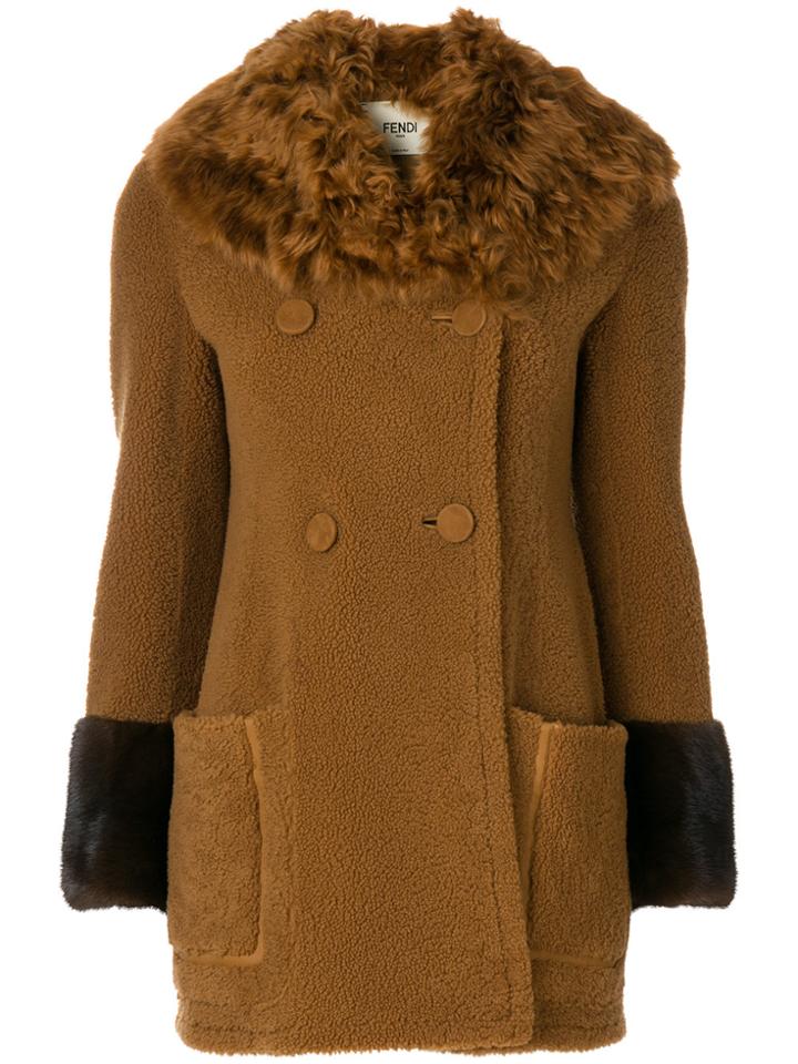 Fendi Fur Trimmed Double Breasted Coat - Brown
