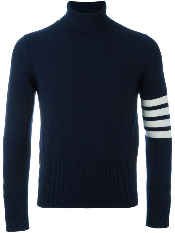 Thom Browne Contrast Stripe Roll Neck Jumper, Men's, Size: 2, Blue, Cashmere