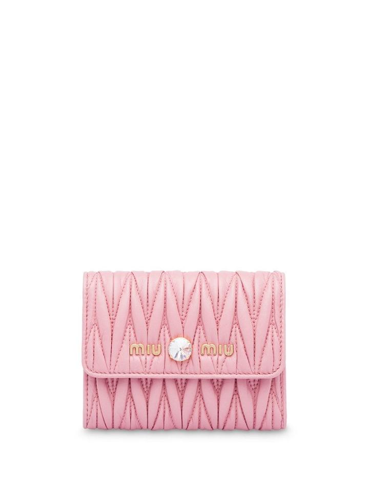 Miu Miu Matelassé Leather Crystal Detail Wallet - Pink