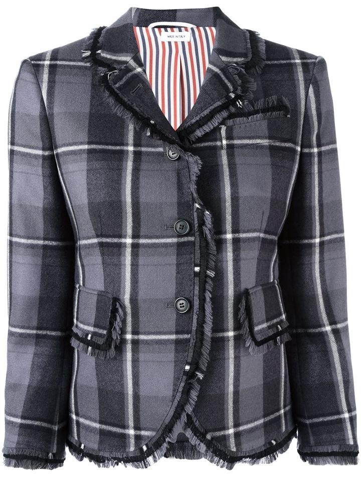 Thom Browne Frayed Plaid Blazer, Women's, Size: 40, Grey, Silk/wool