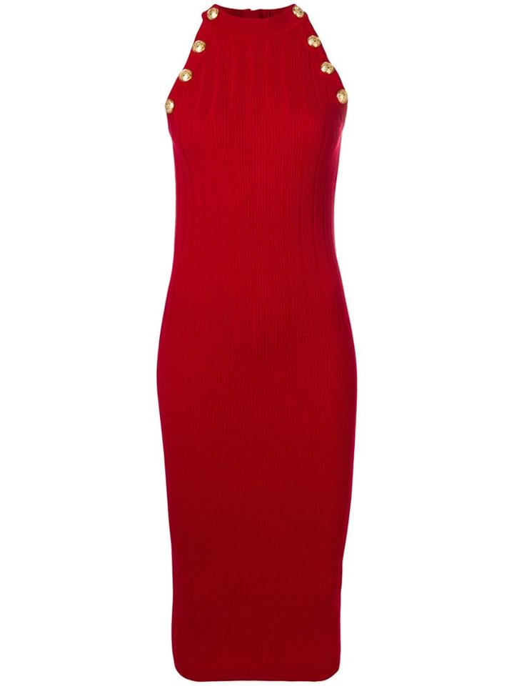Balmain Ribbed Bodycon Dress - Red