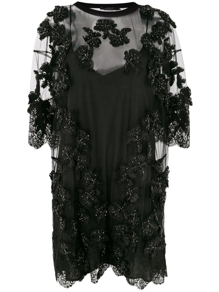 Amen Sequin Floral Appliqué Dress - Black
