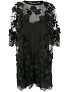 Amen Sequin Floral Appliqué Dress - Black
