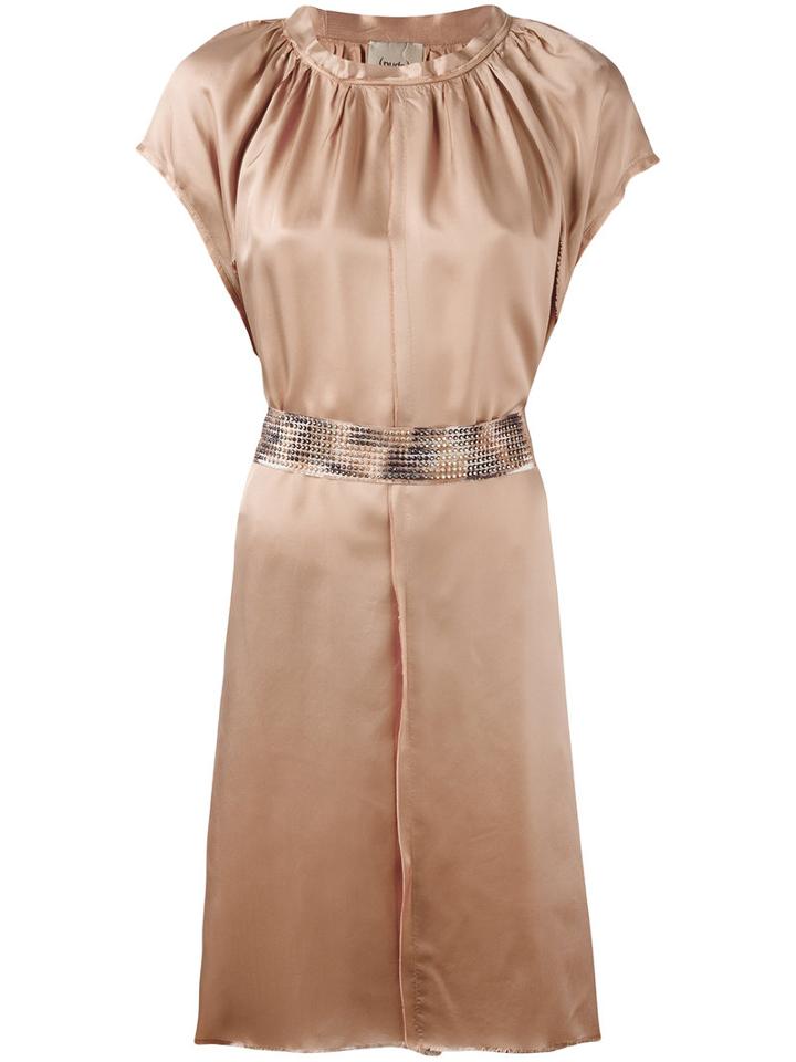 Nude Pleated Trim Belted Dress, Women's, Size: 40, Nude/neutrals, Viscose