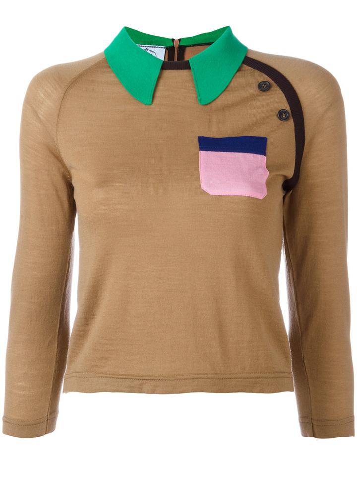 Prada - Contrast Collar Knitted Top - Women - Wool - 40, Women's, Brown, Wool
