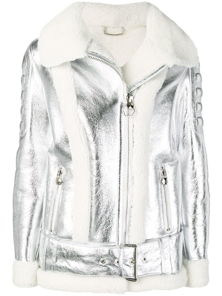 Philipp Plein Shearling Lined Biker Jacket - Silver