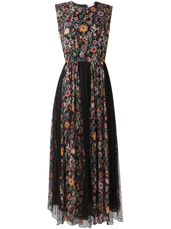 Red Valentino Floral Print Pleated Dress, Women's, Size: 46, Black, Polyamide/silk/polyester