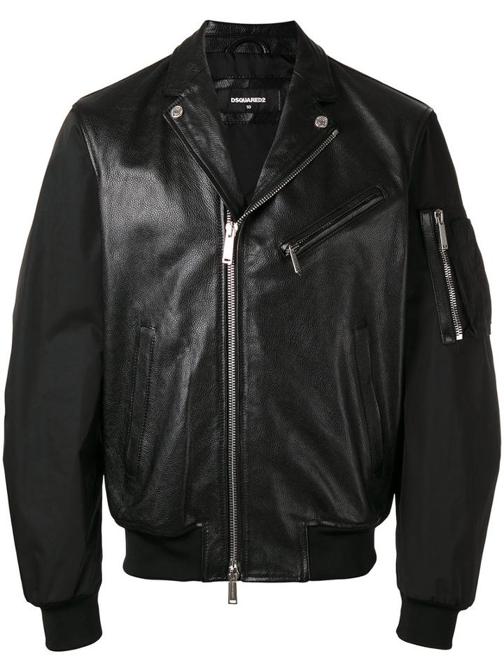 Dsquared2 Leather Bomber Jacket, Men's, Size: 48, Black, Calf Leather/polyester