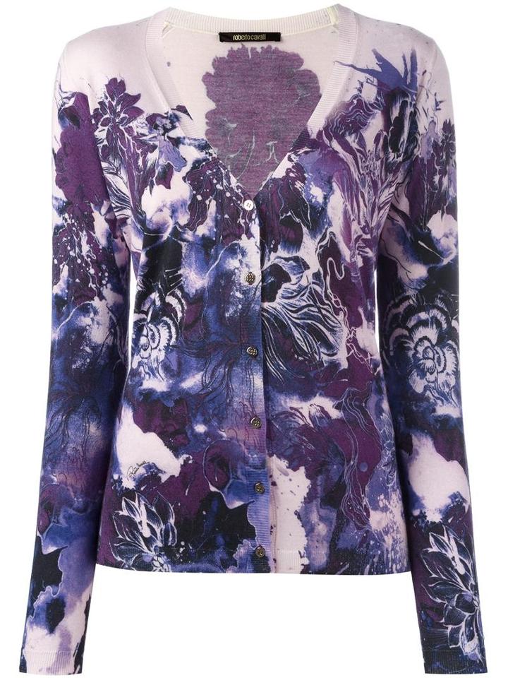 Roberto Cavalli Floral Print V-neck Cardigan, Women's, Size: 42, Pink/purple, Silk/cashmere/wool