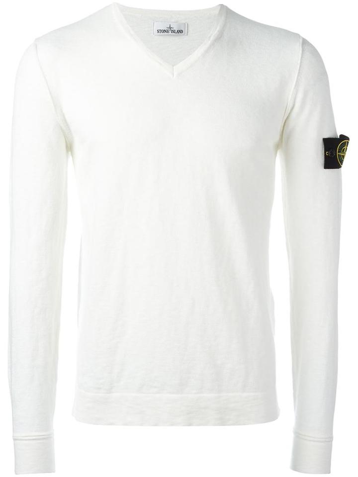 Stone Island Logo Patch V-neck Jumper, Men's, Size: Small, White, Cotton/polyamide