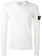 Stone Island Logo Patch V-neck Jumper, Men's, Size: Small, White, Cotton/polyamide