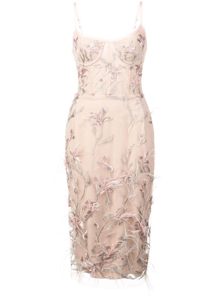 Marchesa Notte Feather Embroidered Sleeveless Dress - Pink & Purple