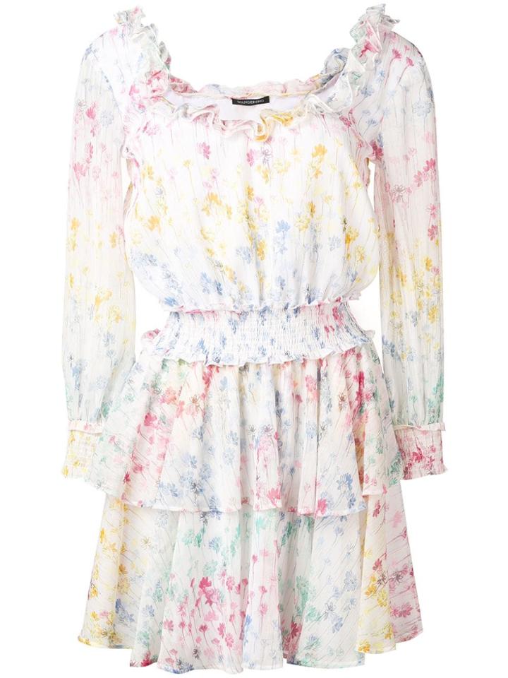 Wandering Printed Ruffle Dress - White