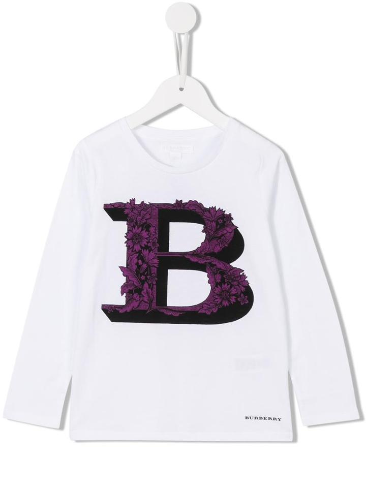 Burberry Kids 'b' Print Long Sleeve T-shirt, Girl's, Size: 8 Yrs, White
