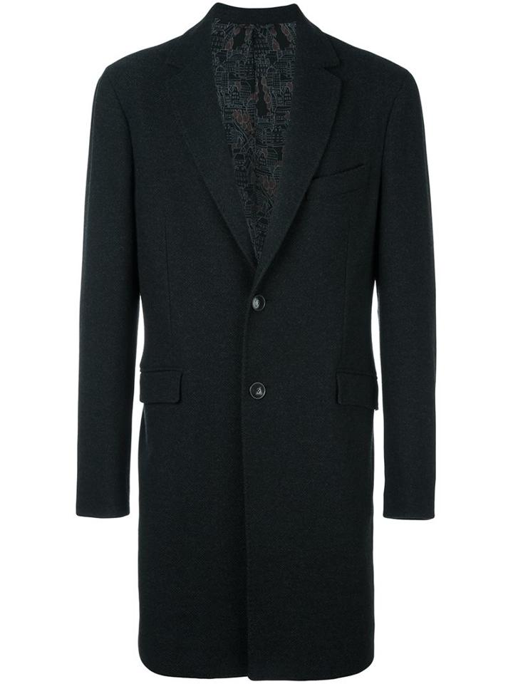 Etro Classic Single Breasted Coat, Men's, Size: 52, Black, Silk/acetate/viscose/wool