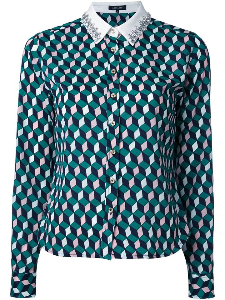 Loveless Cube Print Shirt, Women's, Size: 36, Green, Polyester