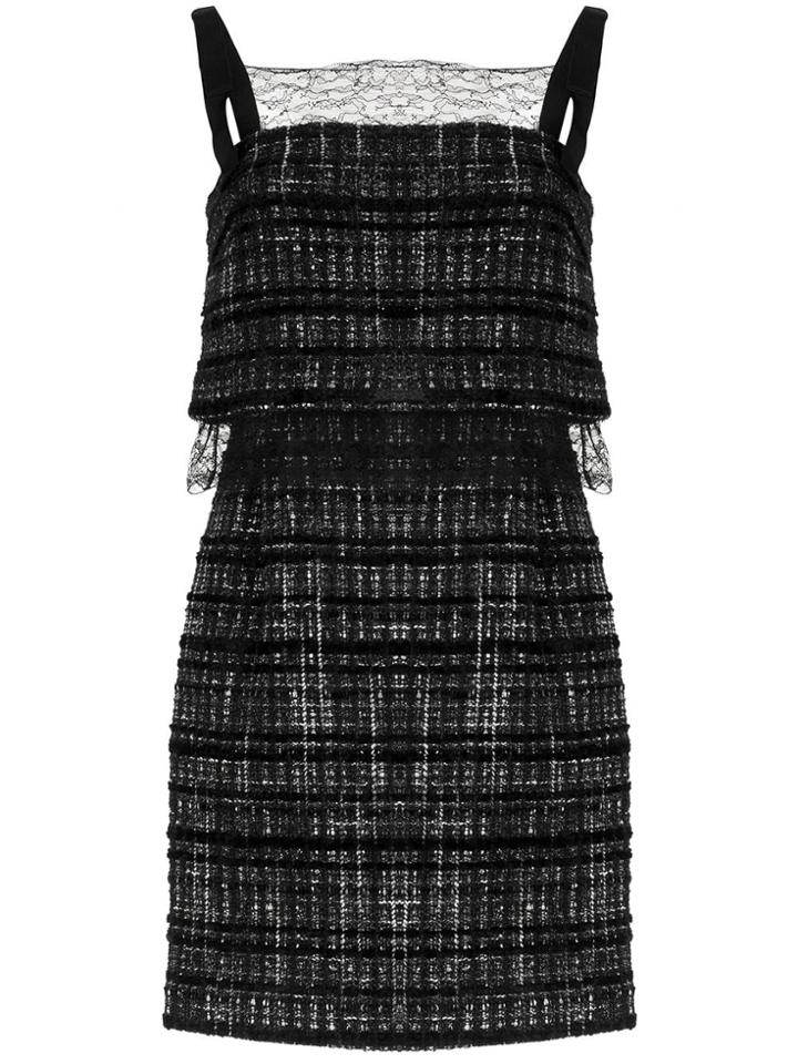 Paule Ka Two Layered Tweed Check Strap Drs Fringe Pipping Lace