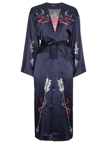 Navro Silk Robe With Tattoo Prints - Black