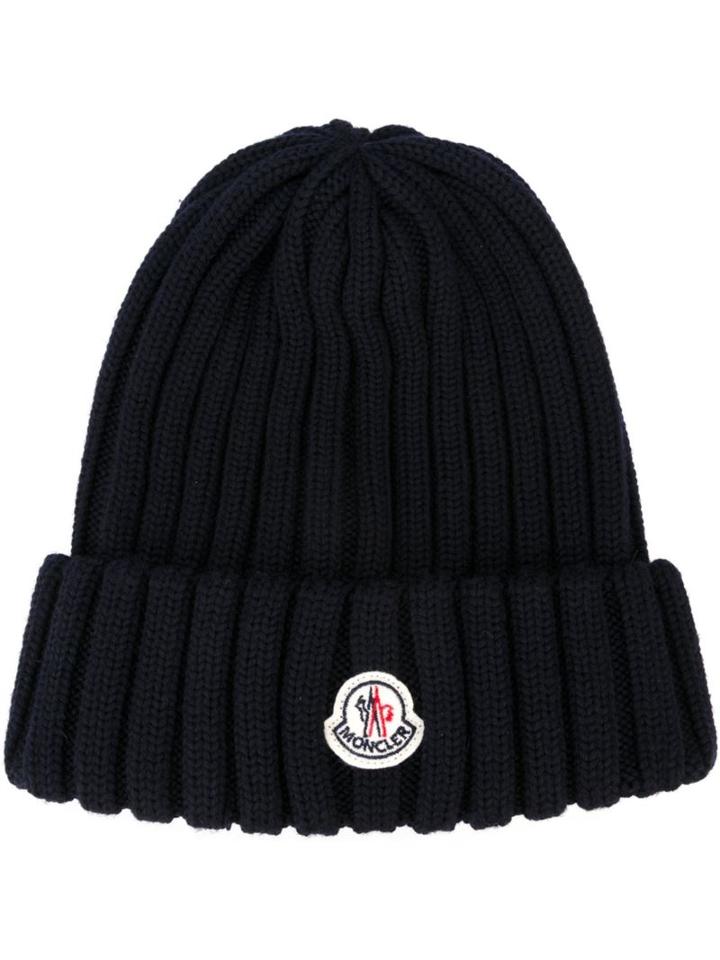 Moncler Ribbed Knit Beanie, Women's, Blue, Virgin Wool