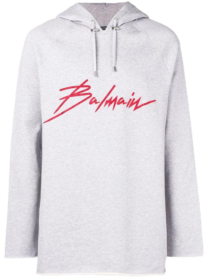 Balmain Logo Print Longline Hoodie - Grey
