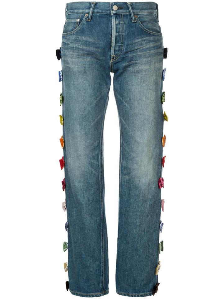 Tu Es Mon Trésor Side Velvet Ribbon Jeans Short Length - Blue