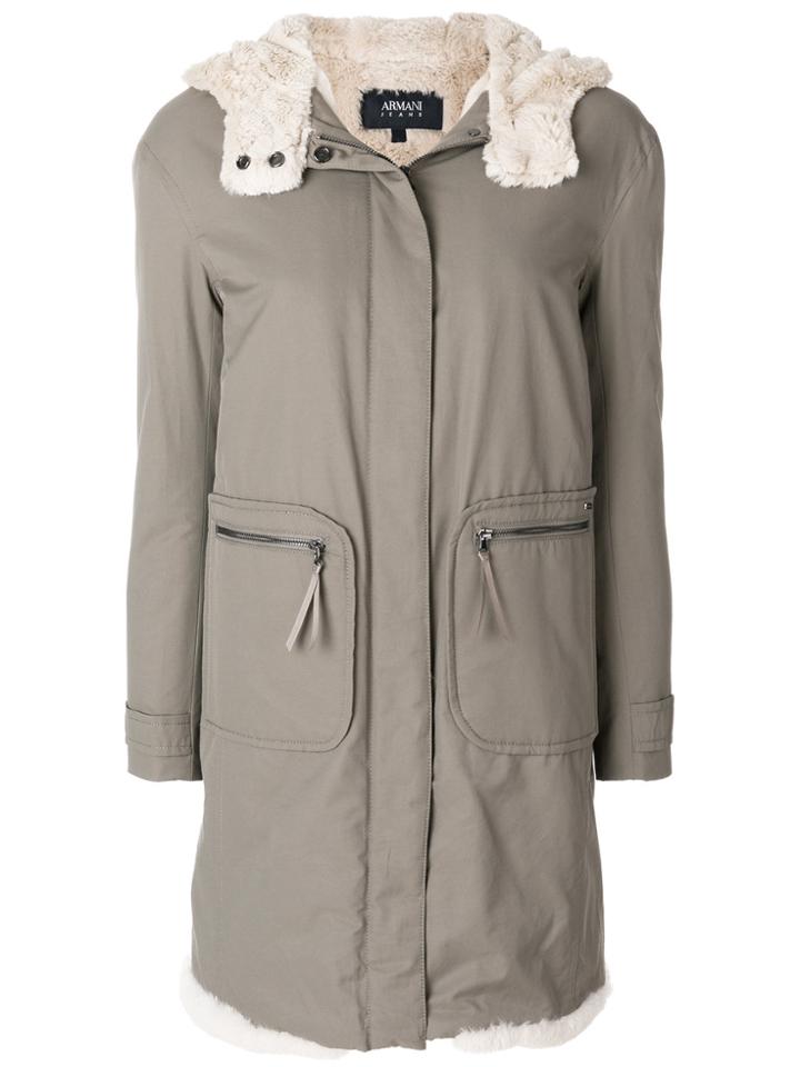 Armani Jeans Longline Parka Coat With Fur Lining - Grey