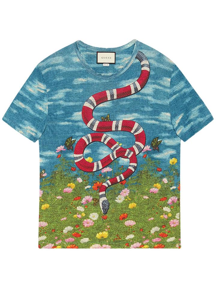 Gucci - T-shirt With Sky And Garden Print - Men - Linen/flax - Xl, Blue, Linen/flax