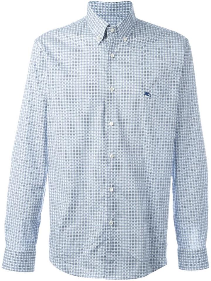 Etro Diamond Print Shirt, Men's, Size: 43, Blue, Cotton/spandex/elastane