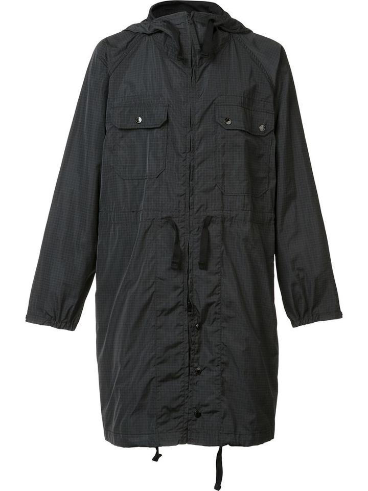 Engineered Garments Grid Print Midi Parka, Men's, Size: Medium, Black, Polyester
