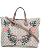 Gucci Gg Supreme Embroidered Floral Tote, Women's, Nude/neutrals, Canvas/leather/polyurethane