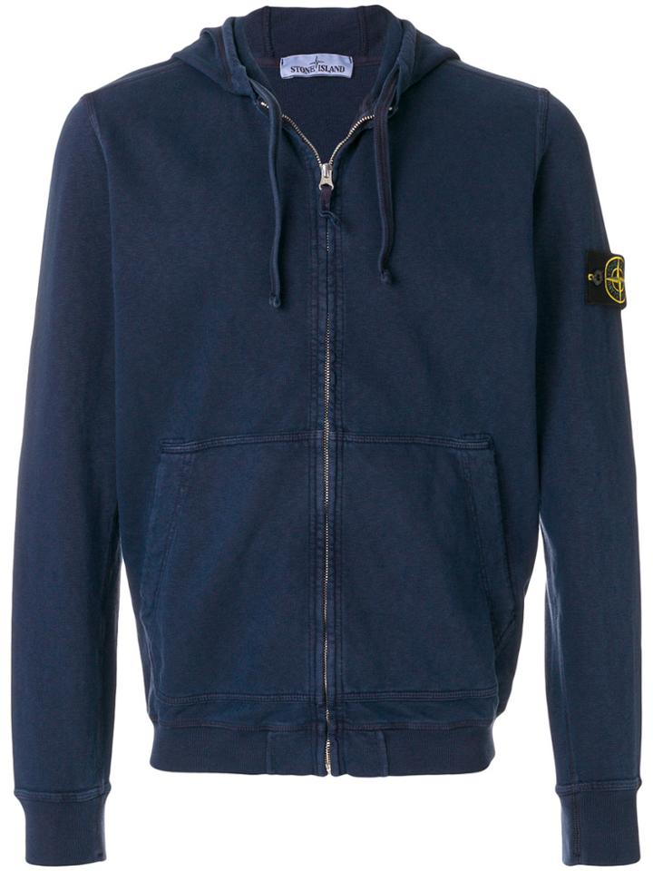 Stone Island Logo Patch Zipped Hoodie - Blue