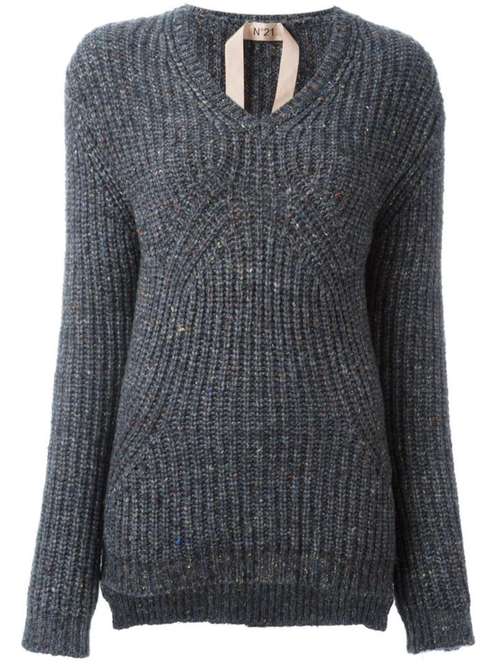 No21 Ribbed V-neck Jumper, Women's, Size: 40, Grey, Silk/polyamide/wool