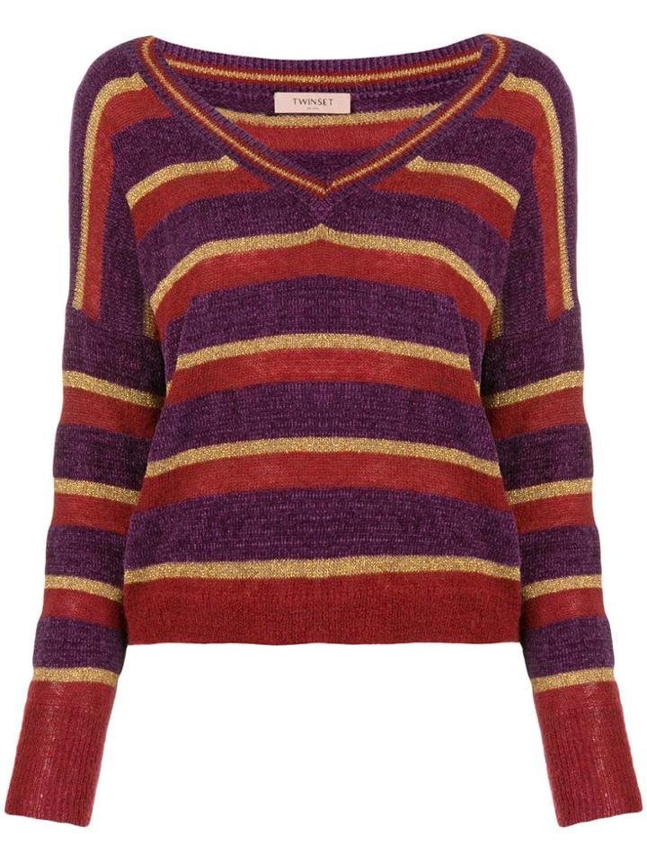 Twin-set Striped V-neck Sweater - Pink & Purple