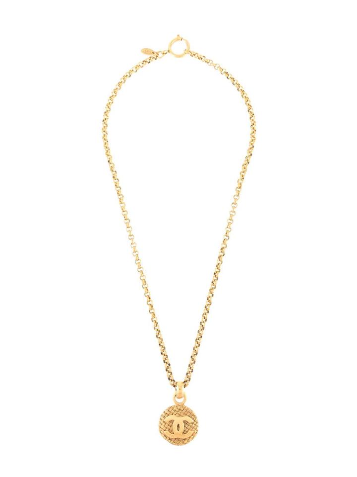 Chanel Pre-owned Tweed Textured Cc Pendant Necklace - Gold