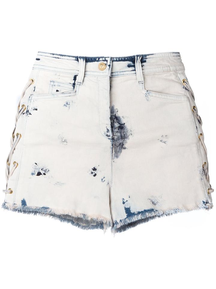Balmain Bleached Lace-up Denim Shorts, Women's, Size: 36, Blue, Cotton/spandex/elastane