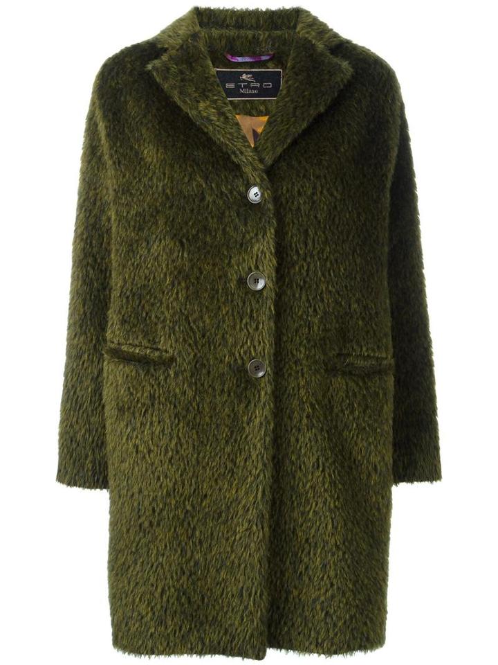 Etro Fuzzy Single Breasted Coat, Women's, Size: 38, Green, Polyamide/viscose/mohair/wool