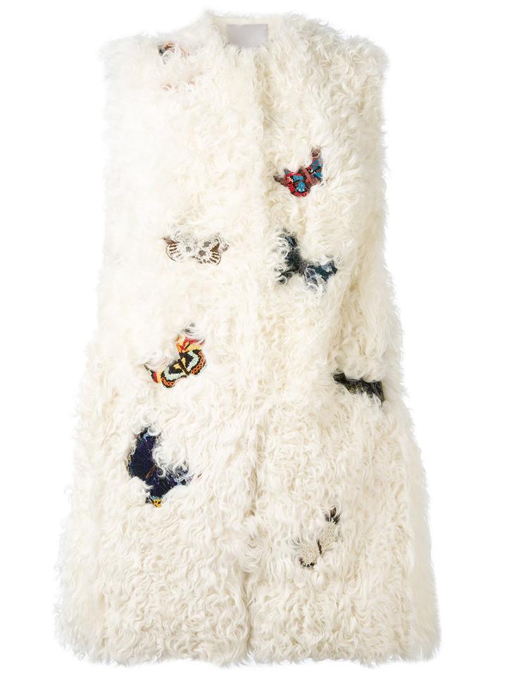 Valentino - Butterfly Embroidered Gilet - Women - Silk/cotton/polyester/lamb Fur - 42, Nude/neutrals, Silk/cotton/polyester/lamb Fur
