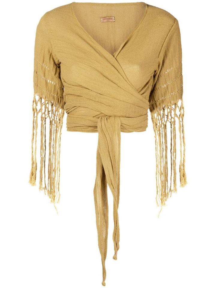 Caravana Wrap Top With Fringe Sleeves - Yellow